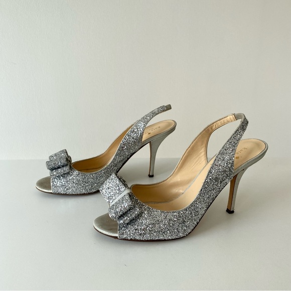 kate spade Sparkly Glitter Bow Slingback Silver Metallic Girlie Feminine Heels - Picture 6 of 17